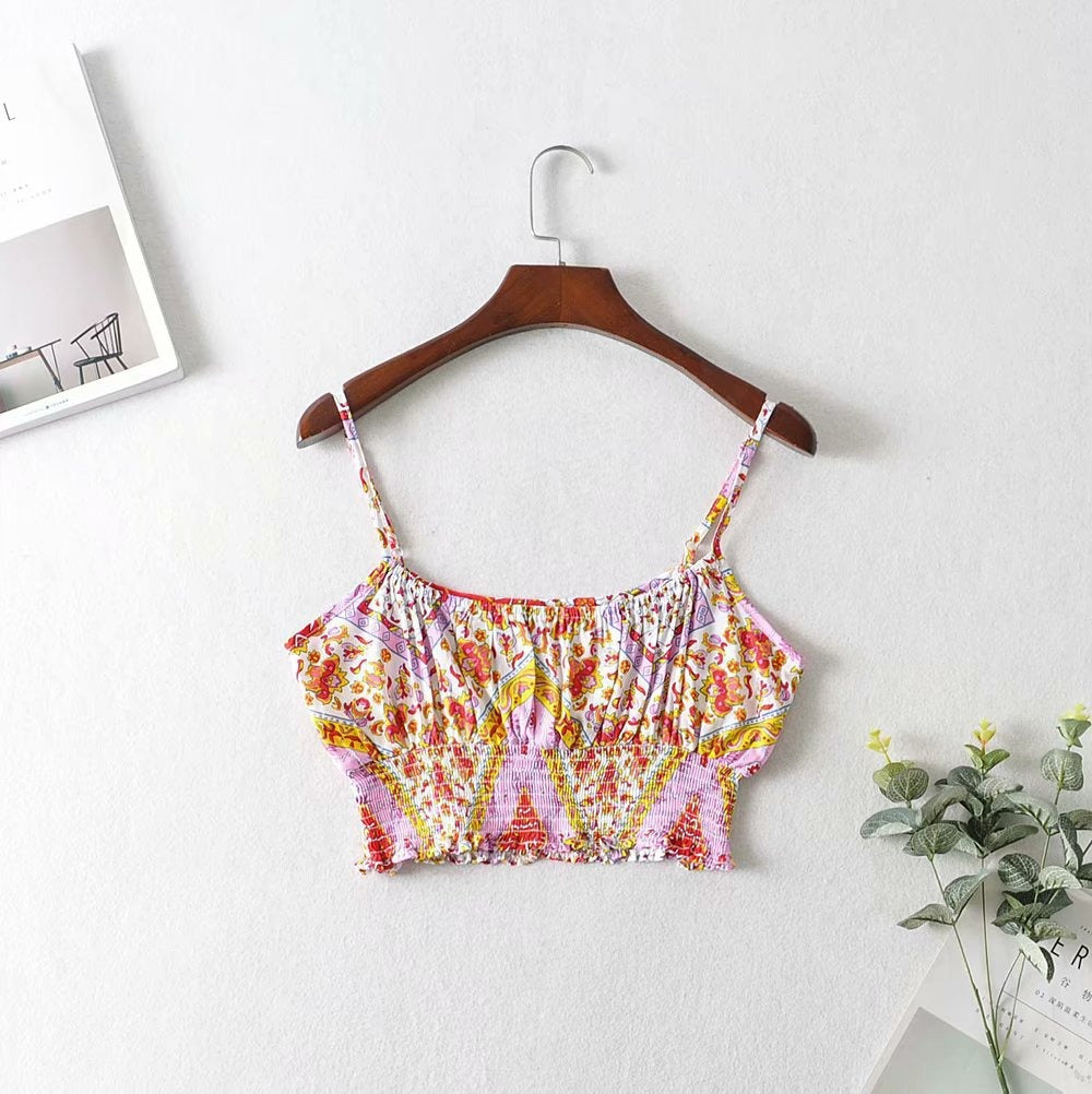 Vintage Pattern Two-piece Set with Wide Legged Pants and Cropped Camisole Top