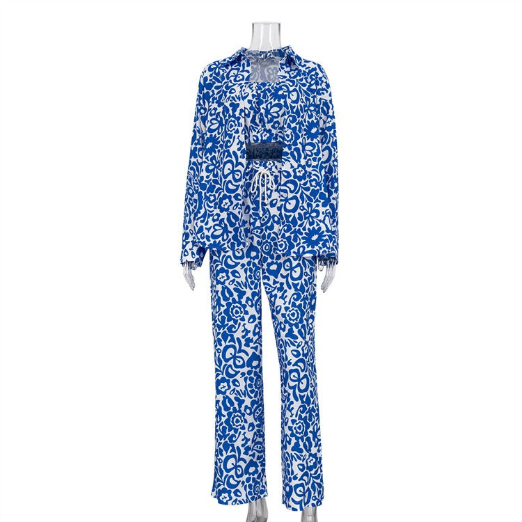 Floral Print Crop Top, Button-Up Shirt & Wide-Leg Pant Three-Piece Set