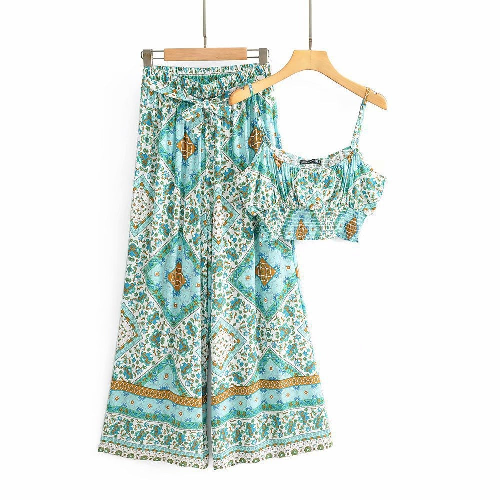 Vintage Pattern Two-piece Set with Wide Legged Pants and Cropped Camisole Top