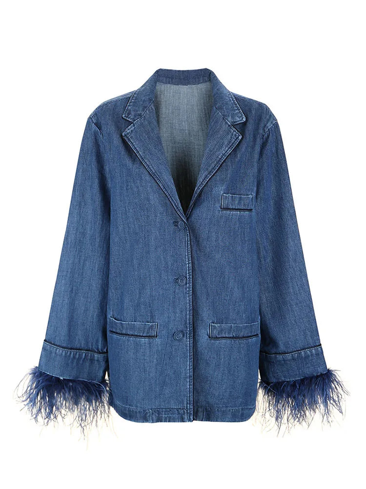 Denim Feather-Cuff Blazer & Wide-Leg Drawstring Pants Set