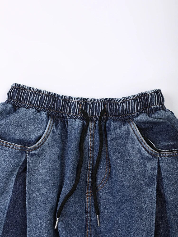 Panelled Wide-Leg Drawstring Denim Jeans