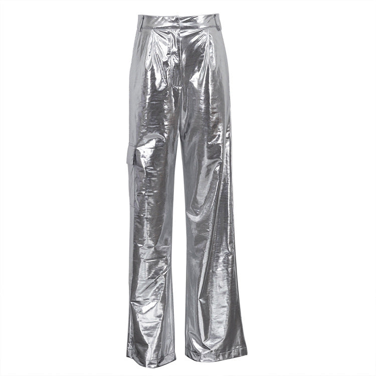 Futuristic Metallic-Silver Cargo Trousers
