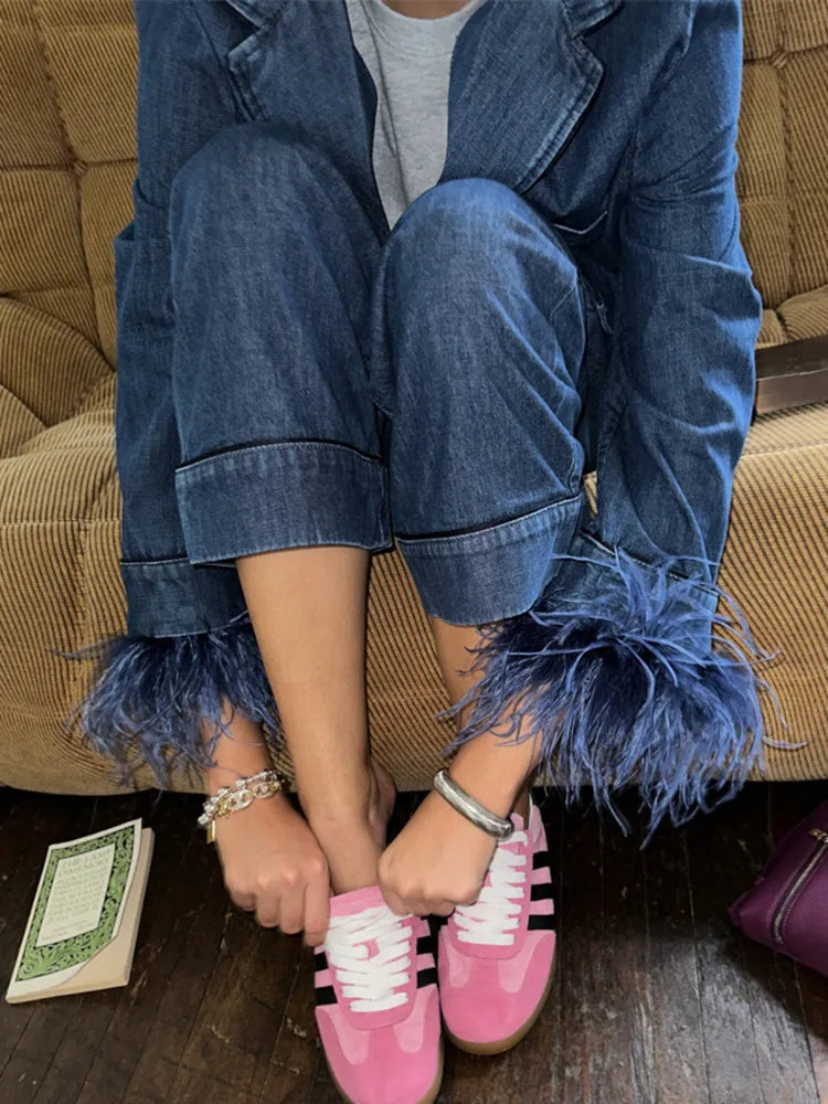 Denim Feather-Cuff Blazer & Wide-Leg Drawstring Pants Set