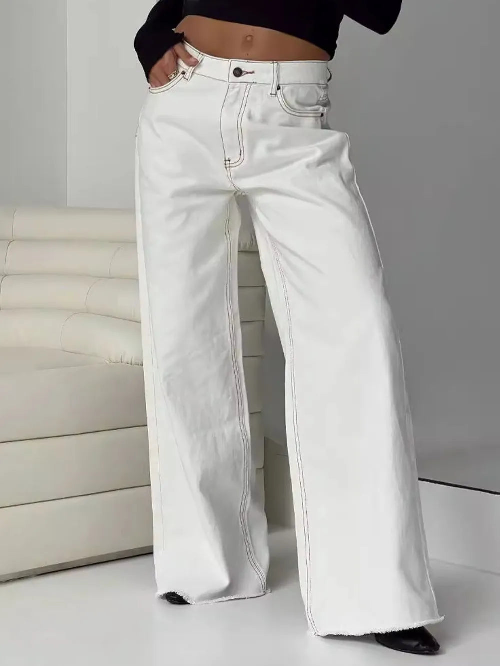 Cobalt-Stitch White and Blue Wide-Leg Raw-Hem Jeans