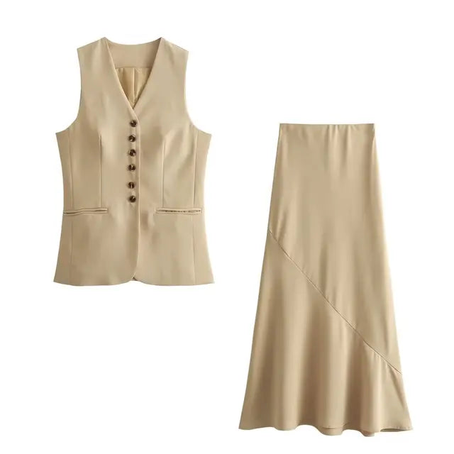 Chic Sleeveless Blazer & Midi Skirt Set – Effortless Minimalist Elegance