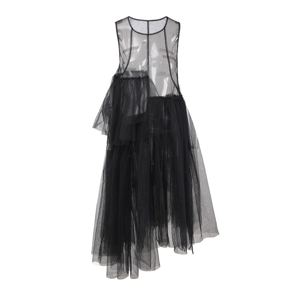 Stylish Sheer Dress With a Flowing Mesh Skirt and an irregular Hemline.