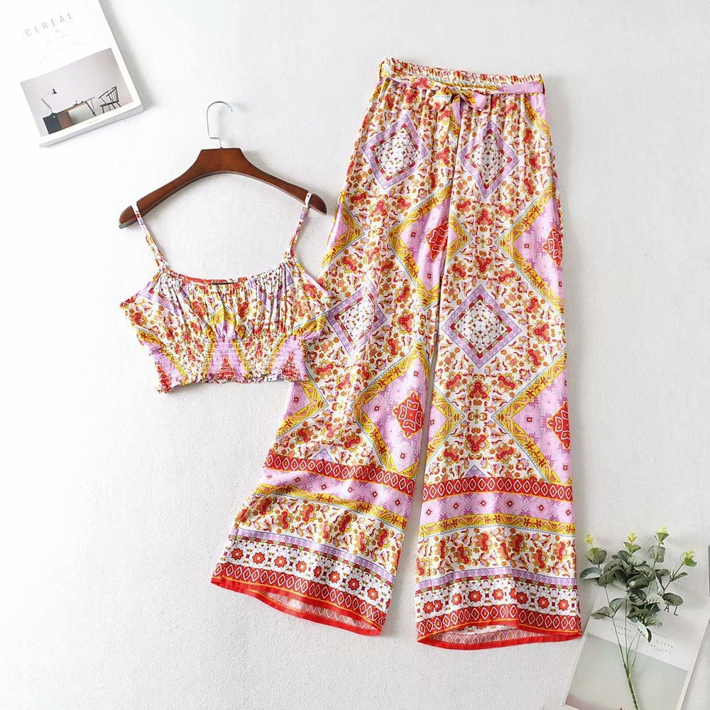 Vintage Pattern Two-piece Set with Wide Legged Pants and Cropped Camisole Top