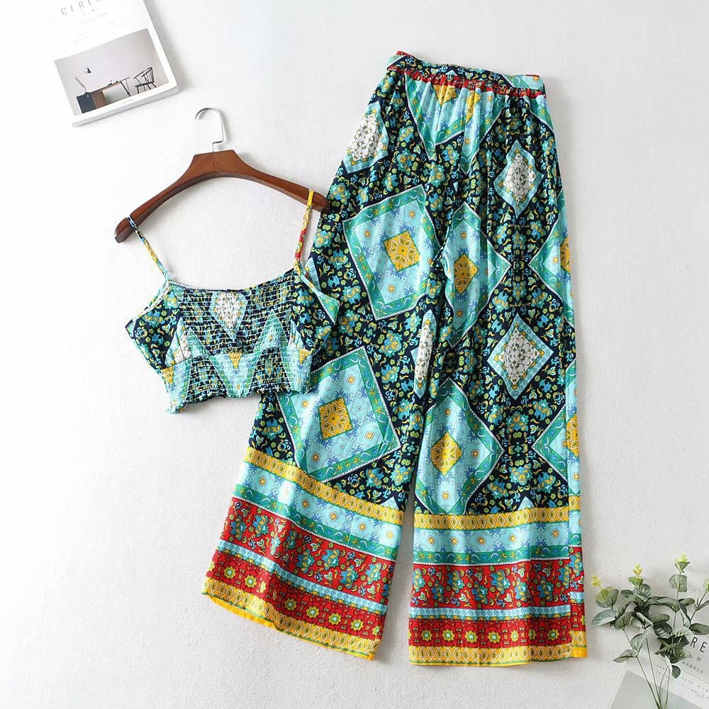 Vintage Pattern Two-piece Set with Wide Legged Pants and Cropped Camisole Top