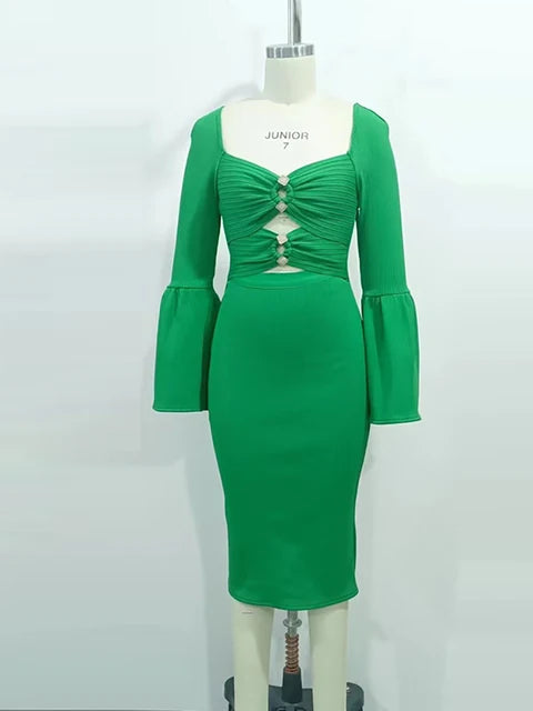 Emerald Cutout Ring-Detail Rib Midi Dress