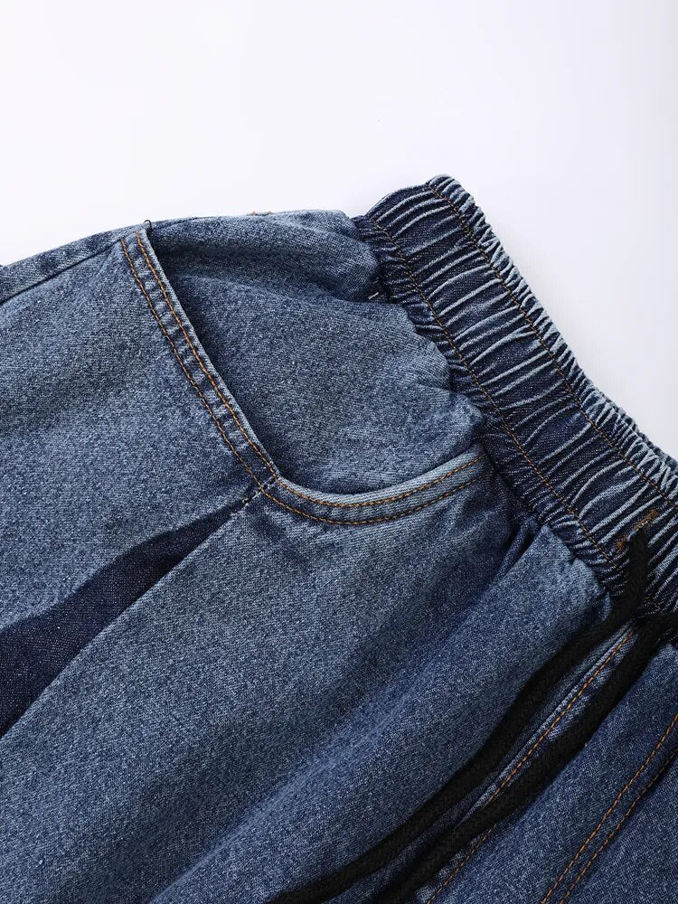 Panelled Wide-Leg Drawstring Denim Jeans