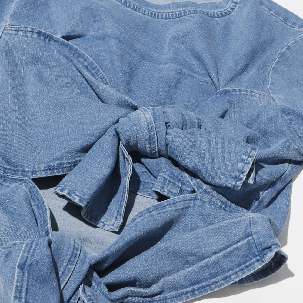 Trendy Round Neck Denim Cropped Top+Denim Skirt Two-piece Set With Bow Ties Design Details