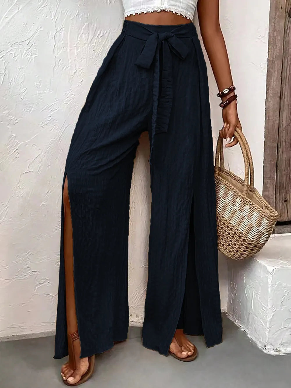 High-Waisted Wide-Leg Slit Pants with Self-Tie Waist (Black | Teal)