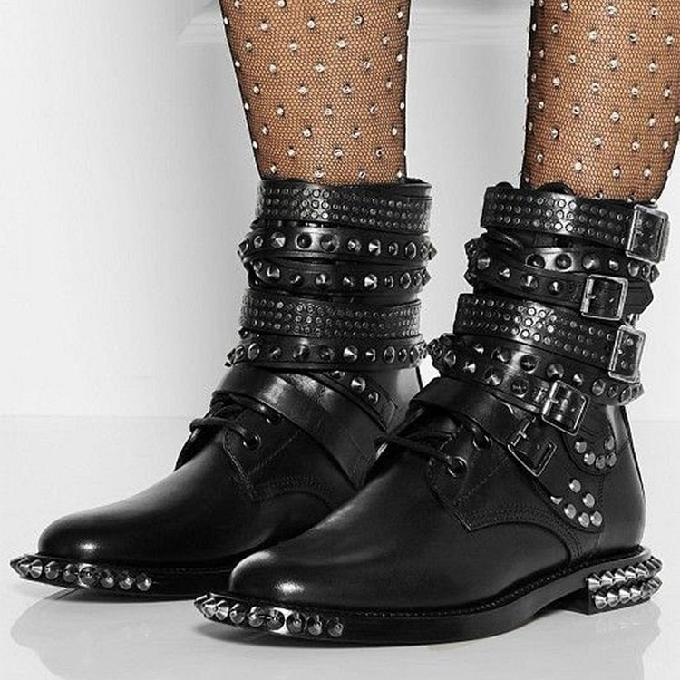 Studded Faux-Leather Mid-Calf Biker Boots- Low Heel & Mid Heel