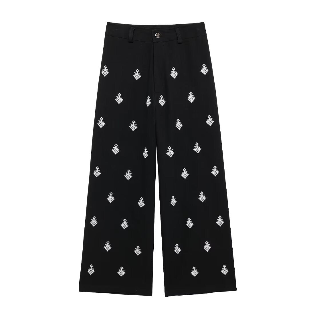 Embroidered Geo-Motif Linen-Blend Shirt & Wide-Leg Trouser Set