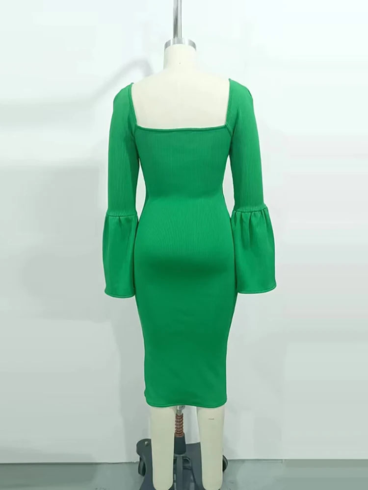 Emerald Cutout Ring-Detail Rib Midi Dress