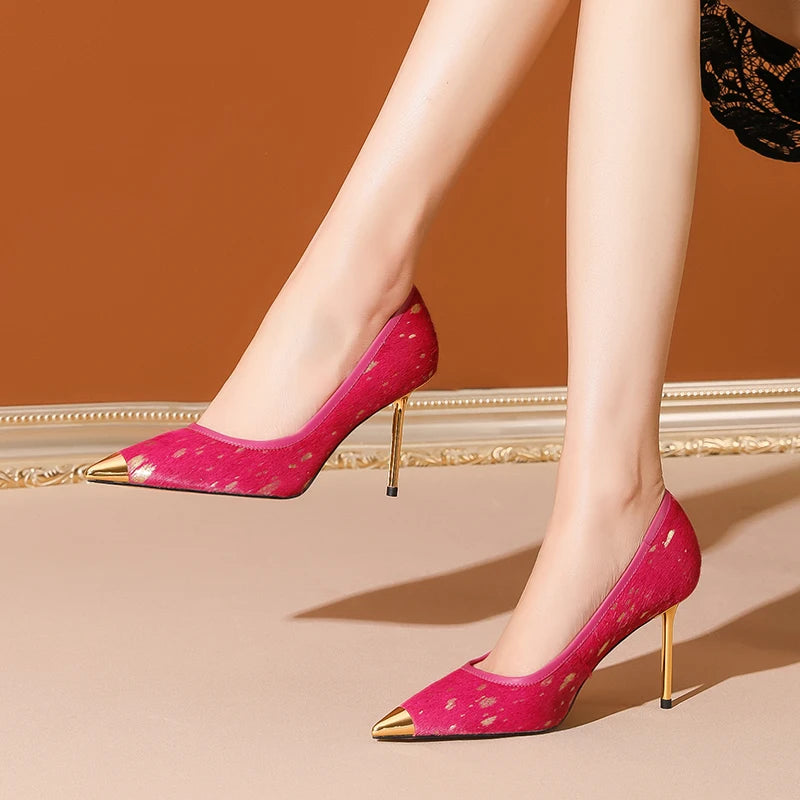 Gilded Splatter Pony-Hair Pointed-Toe Stiletto Leather Pumps