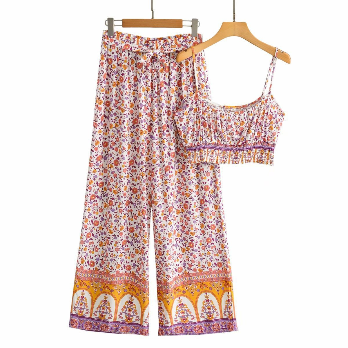 Vintage Pattern Two-piece Set with Wide Legged Pants and Cropped Camisole Top