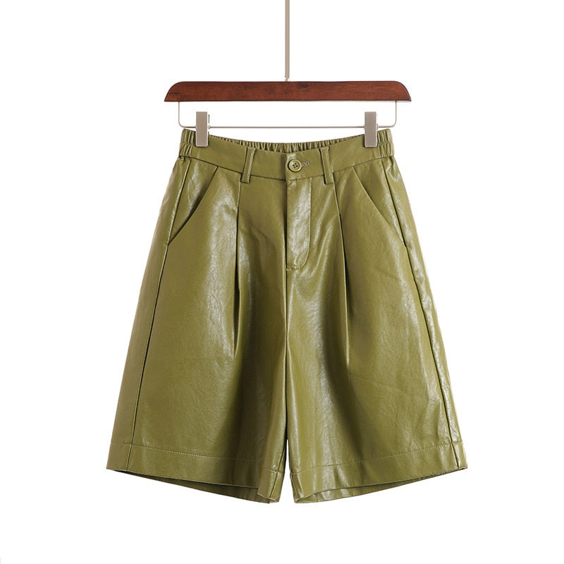 High-Waisted Faux-Leather Pleated Shorts – Black,Green, & Khaki