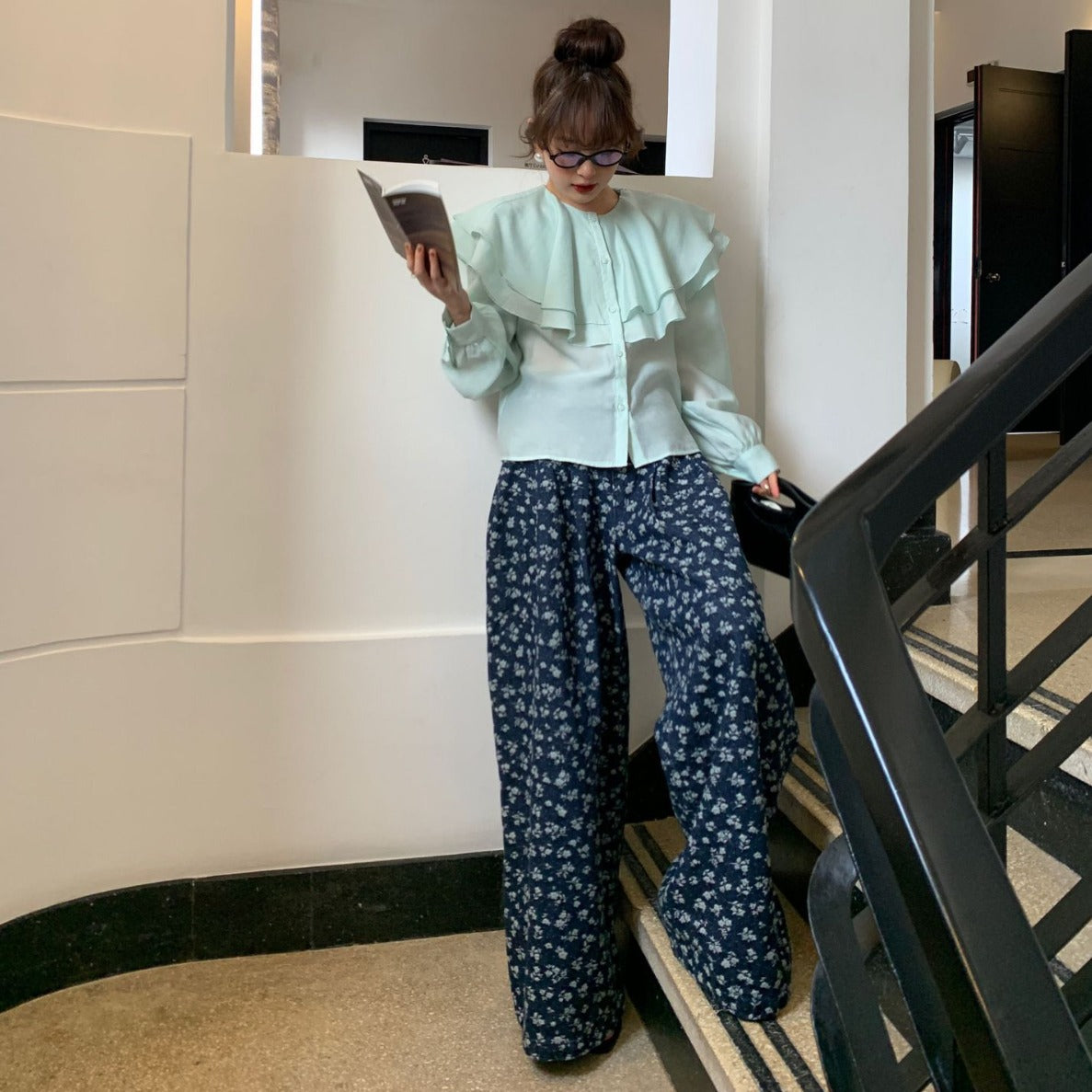 High-Rise Floral-Print Wide-Leg Denim Jeans