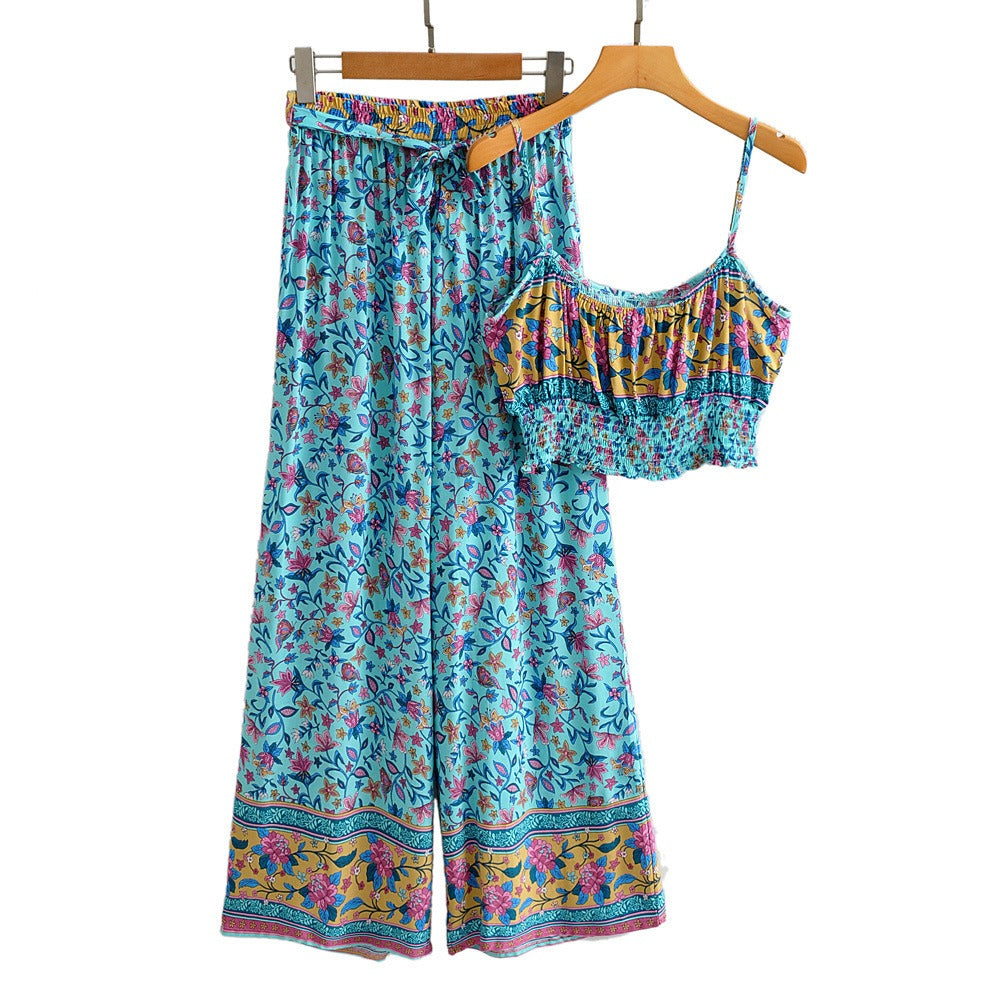 Vintage Pattern Two-piece Set with Wide Legged Pants and Cropped Camisole Top