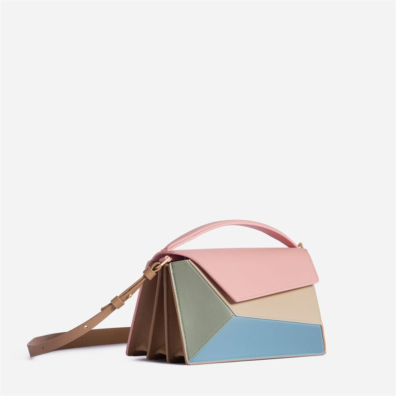 Geometric Color‐Block Leather Top-Handle Shoulder Bag