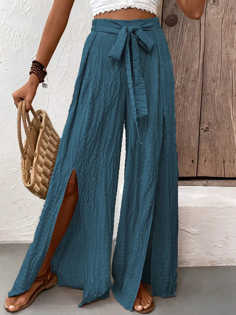 High-Waisted Wide-Leg Slit Pants with Self-Tie Waist (Black | Teal)