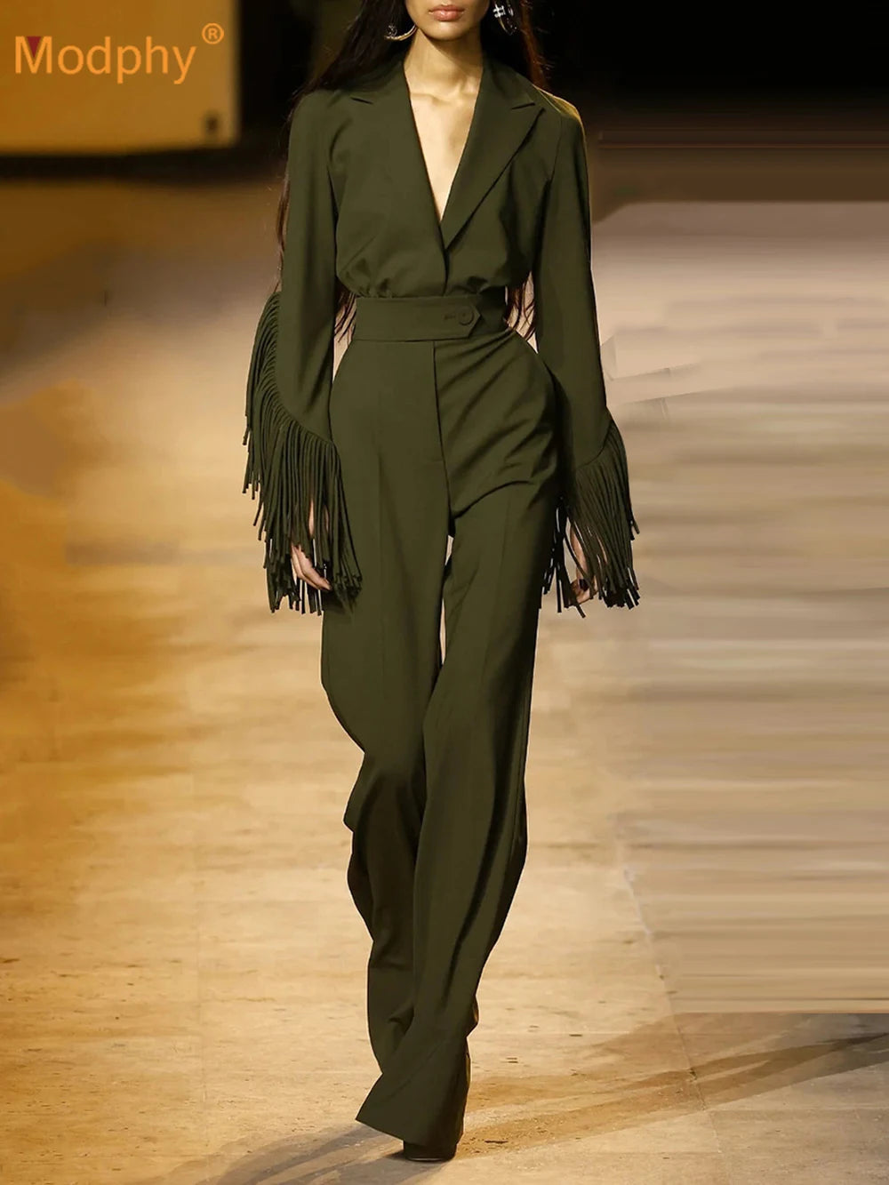 Elegant Two-Piece Matching Set of Long Sleeves Blazer With Tassel Design + High Waist Straight Leg Pants