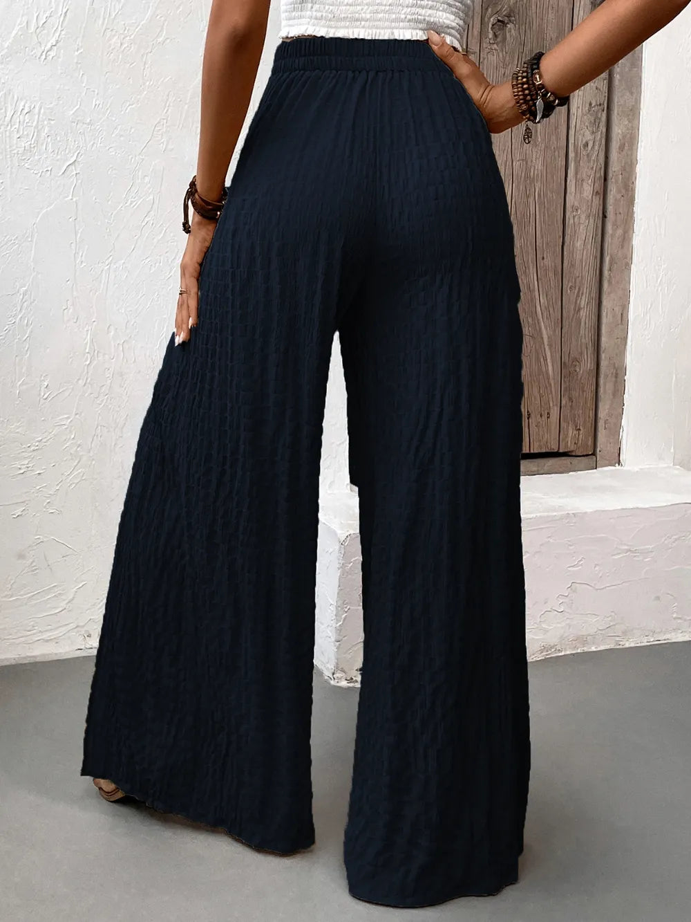 High-Waisted Wide-Leg Slit Pants with Self-Tie Waist (Black | Teal)