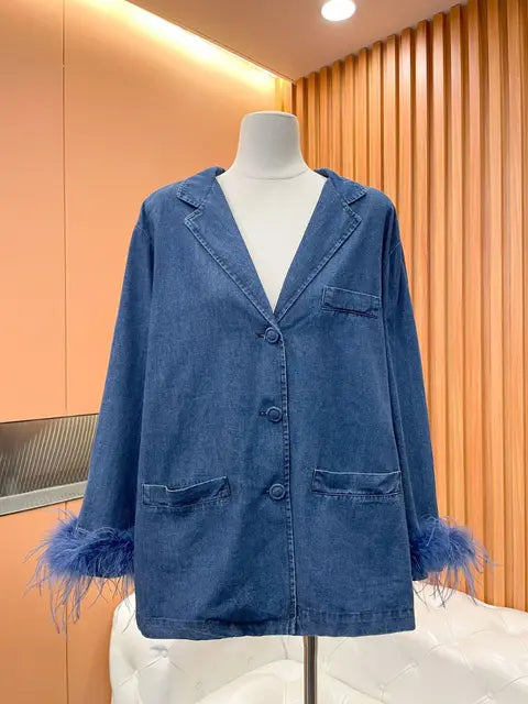 Denim Feather-Cuff Blazer & Wide-Leg Drawstring Pants Set