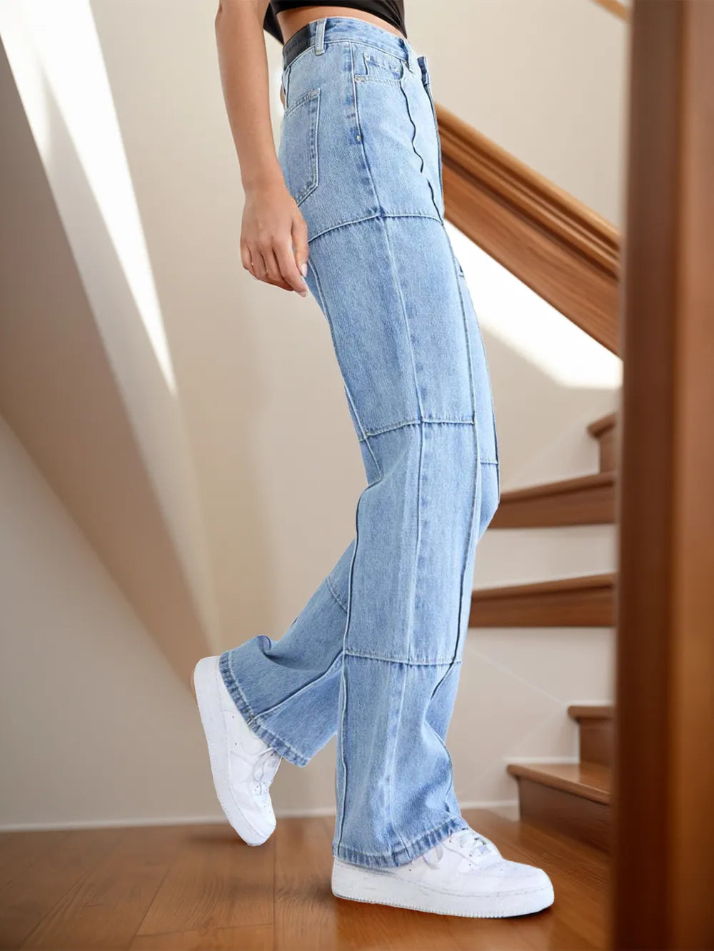 High-Waist Paneled Flare Jeans (Light Wash)