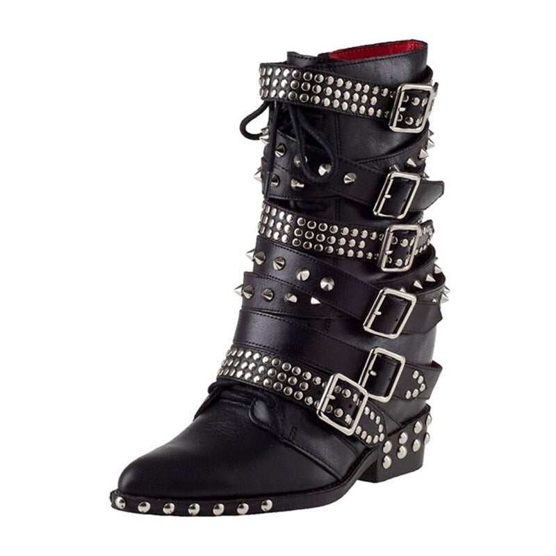 Studded Faux-Leather Mid-Calf Biker Boots- Low Heel & Mid Heel