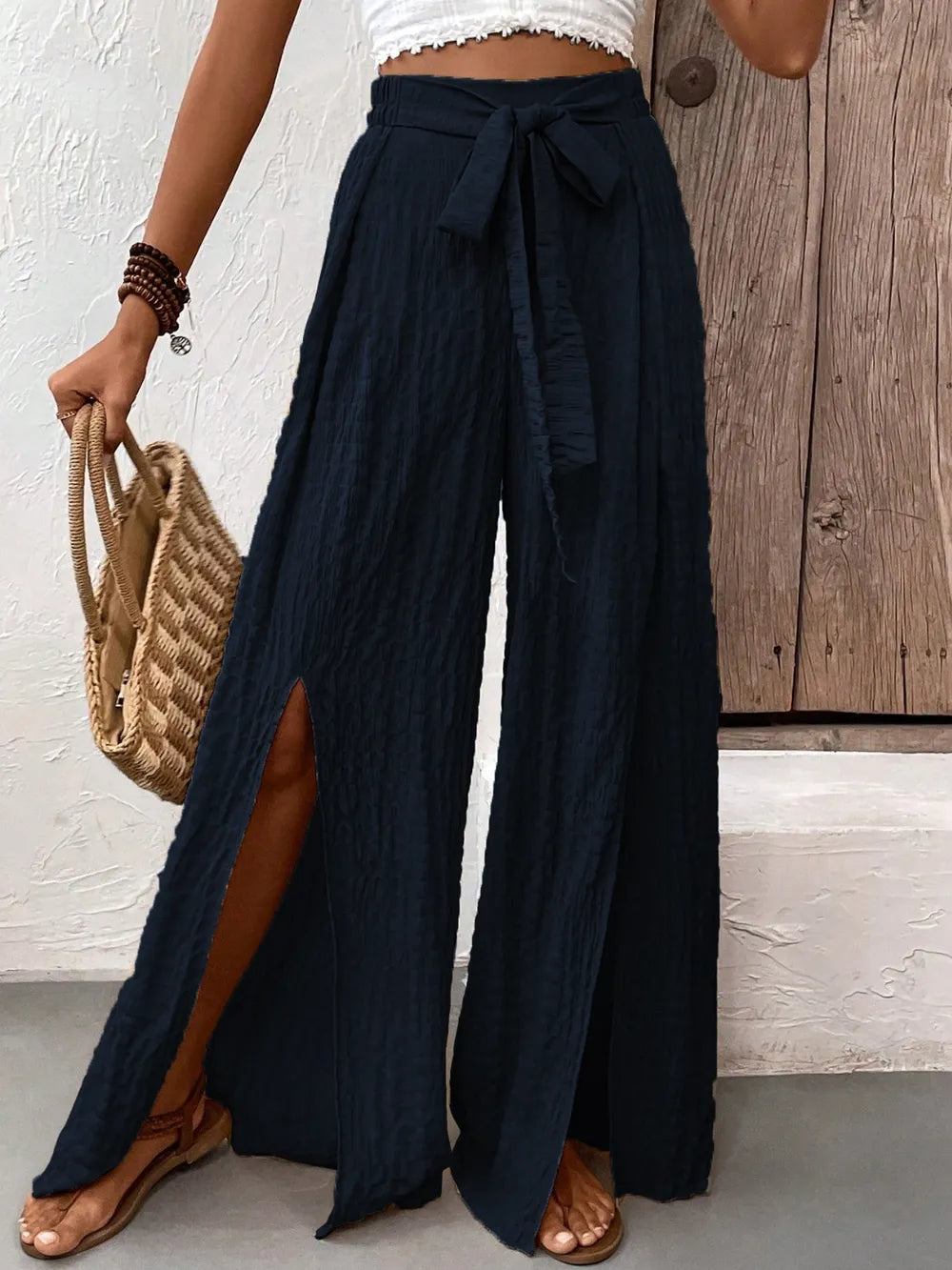 High-Waisted Wide-Leg Slit Pants with Self-Tie Waist (Black | Teal)