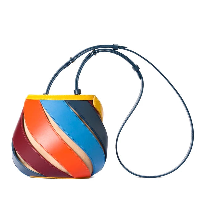 Swirl-Strap Faux-Leather Sphere Bag – Khaki, Blue, Rainbow & Macaroon