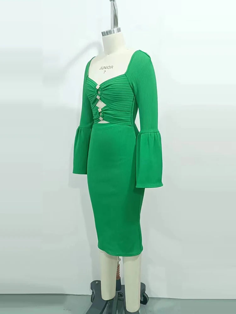 Emerald Cutout Ring-Detail Rib Midi Dress