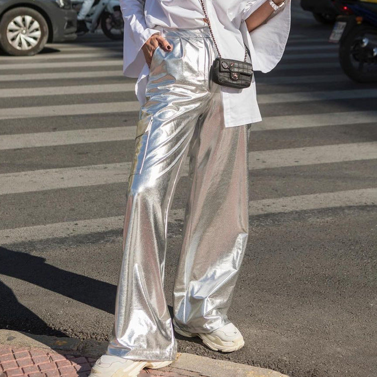 Futuristic Metallic-Silver Cargo Trousers