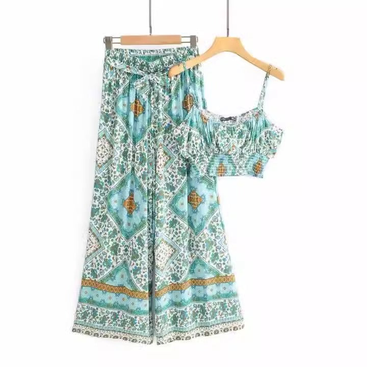 Vintage Pattern Two-piece Set with Wide Legged Pants and Cropped Camisole Top