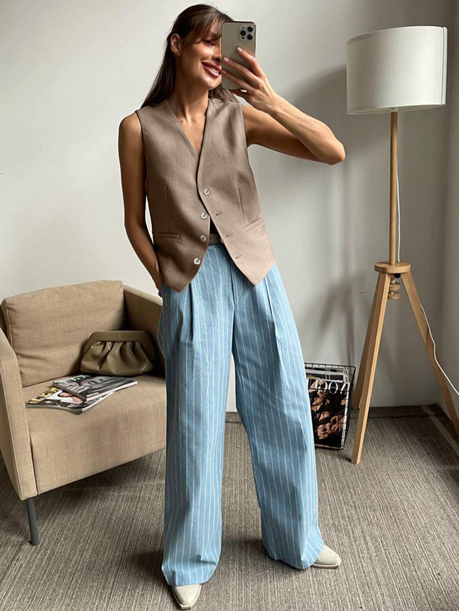 Tailored V-Neck Button-Front Vest & Wide-Leg Trouser Set