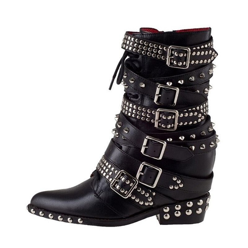 Studded Faux-Leather Mid-Calf Biker Boots- Low Heel & Mid Heel