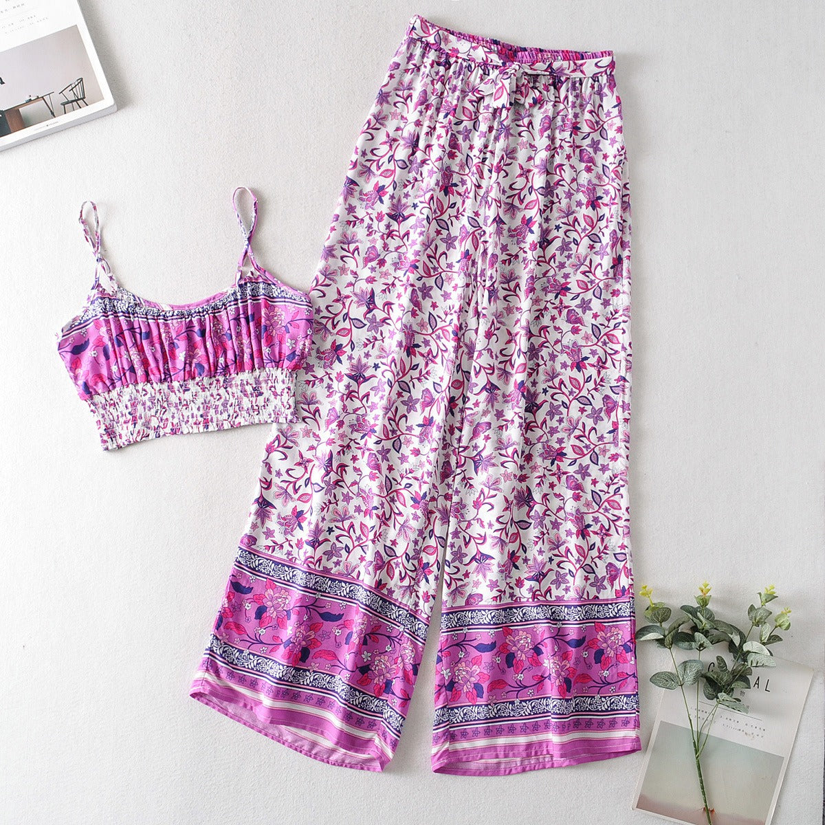 Vintage Pattern Two-piece Set with Wide Legged Pants and Cropped Camisole Top
