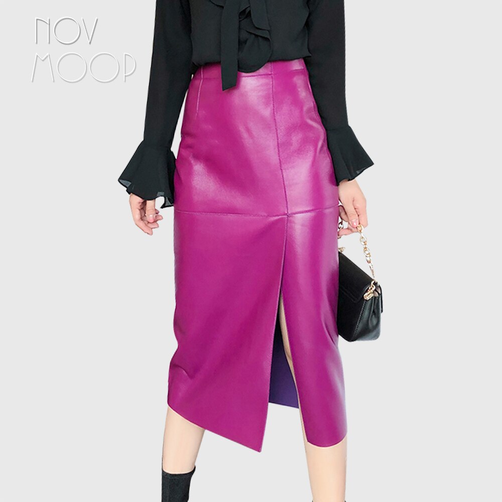 Sleek Genuine Leather Pencil Skirt with Front Slit – Available in Magenta Purple & Classic Black