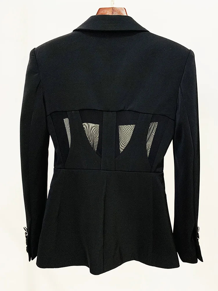 Sheer-Panel Tailored Blazer & Fluted Mesh-Hem Trousers Set (Black)