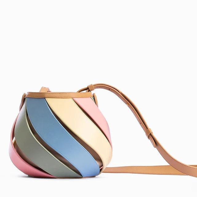 Swirl-Strap Faux-Leather Sphere Bag – Khaki, Blue, Rainbow & Macaroon