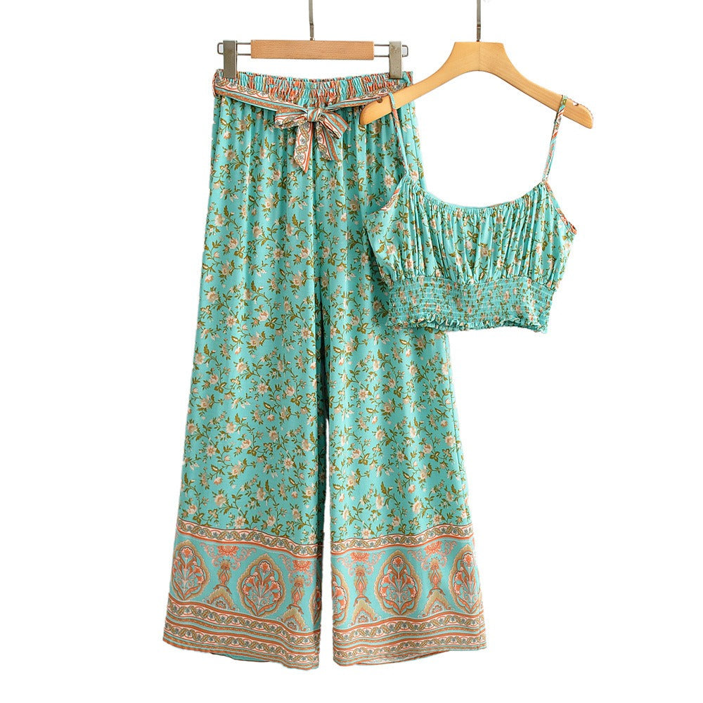 Vintage Pattern Two-piece Set with Wide Legged Pants and Cropped Camisole Top