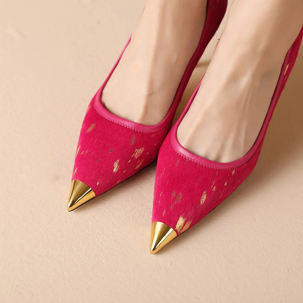 Gilded Splatter Pony-Hair Pointed-Toe Stiletto Leather Pumps