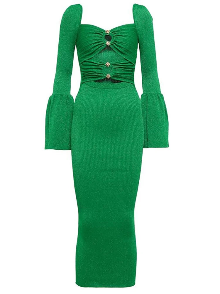 Emerald Cutout Ring-Detail Rib Midi Dress