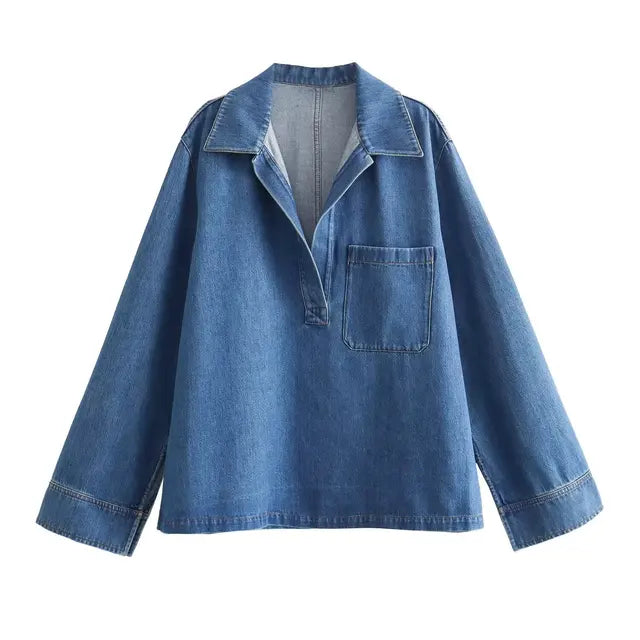 Denim Two-Piece Set: Pullover Shirt & Wide-Leg Wide-Leg Pants