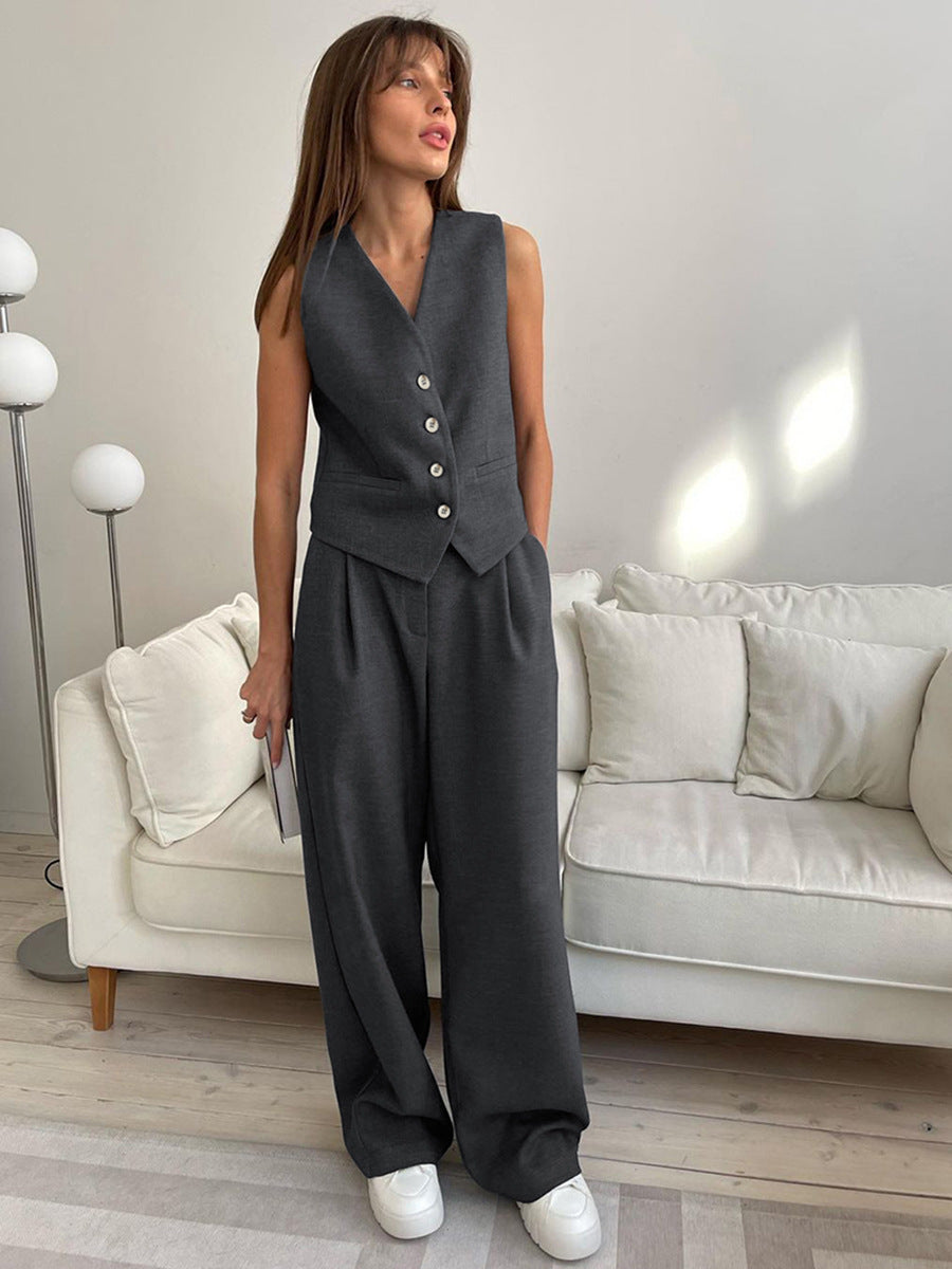 Tailored V-Neck Button-Front Vest & Wide-Leg Trouser Set