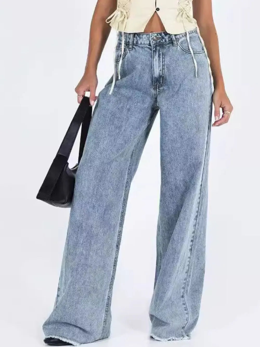 Cobalt-Stitch White and Blue Wide-Leg Raw-Hem Jeans