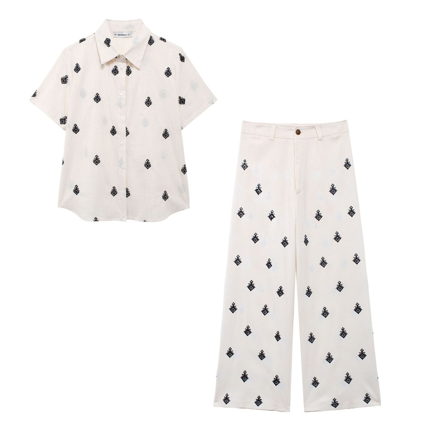 Embroidered Geo-Motif Linen-Blend Shirt & Wide-Leg Trouser Set