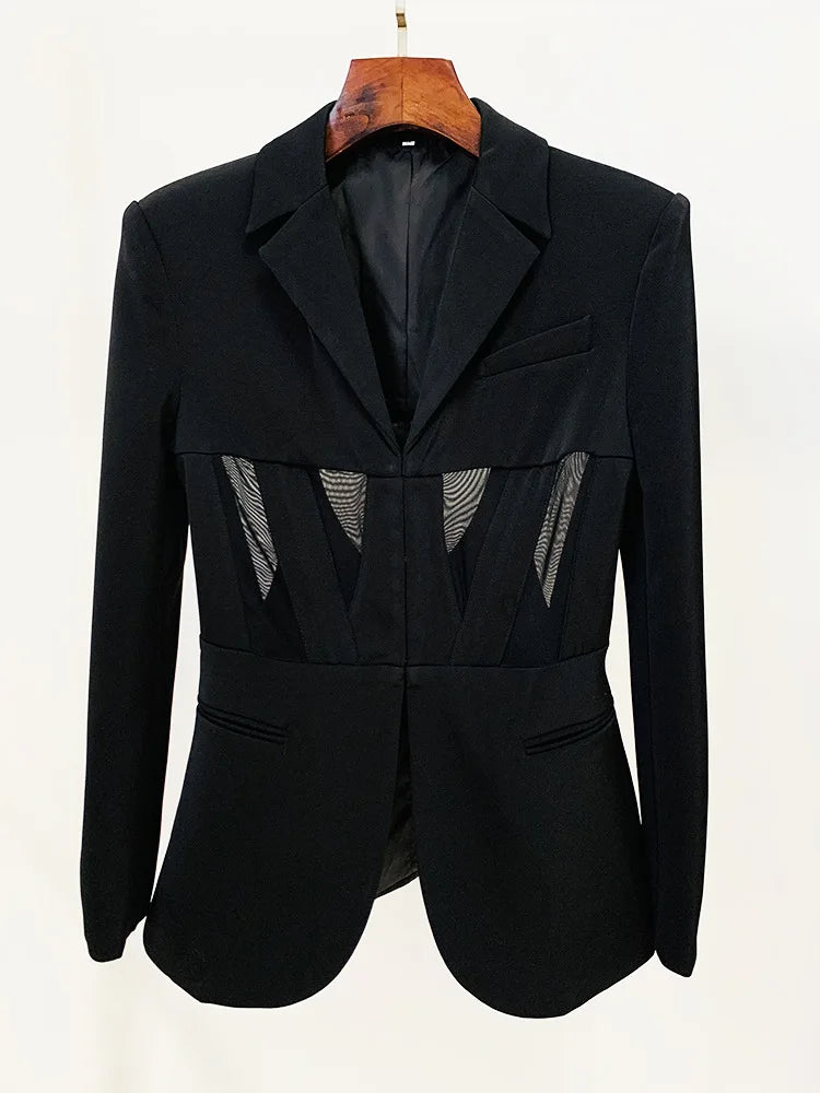 Sheer-Panel Tailored Blazer & Fluted Mesh-Hem Trousers Set (Black)